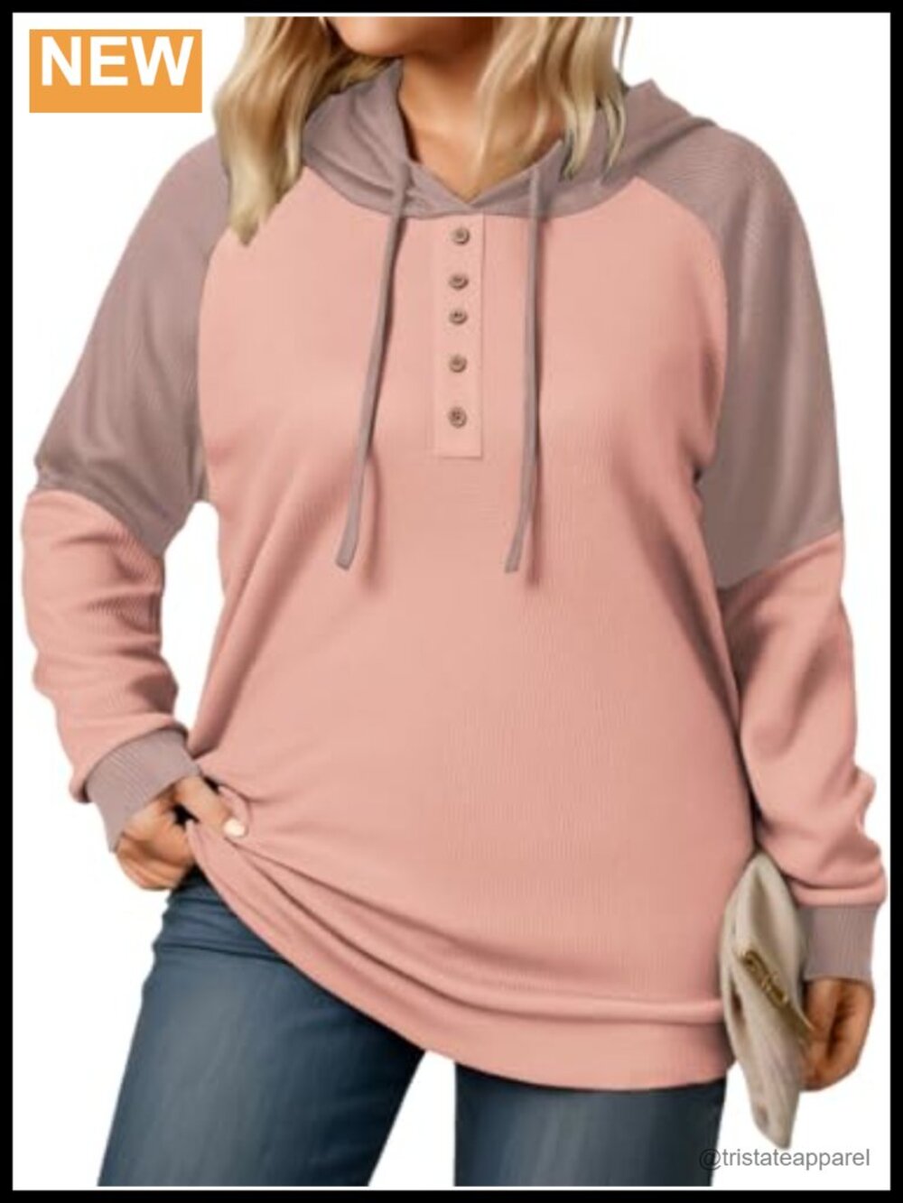 Plus Size Color Block Hoodie Waffle Knit Raglan Sleeve Drawstring